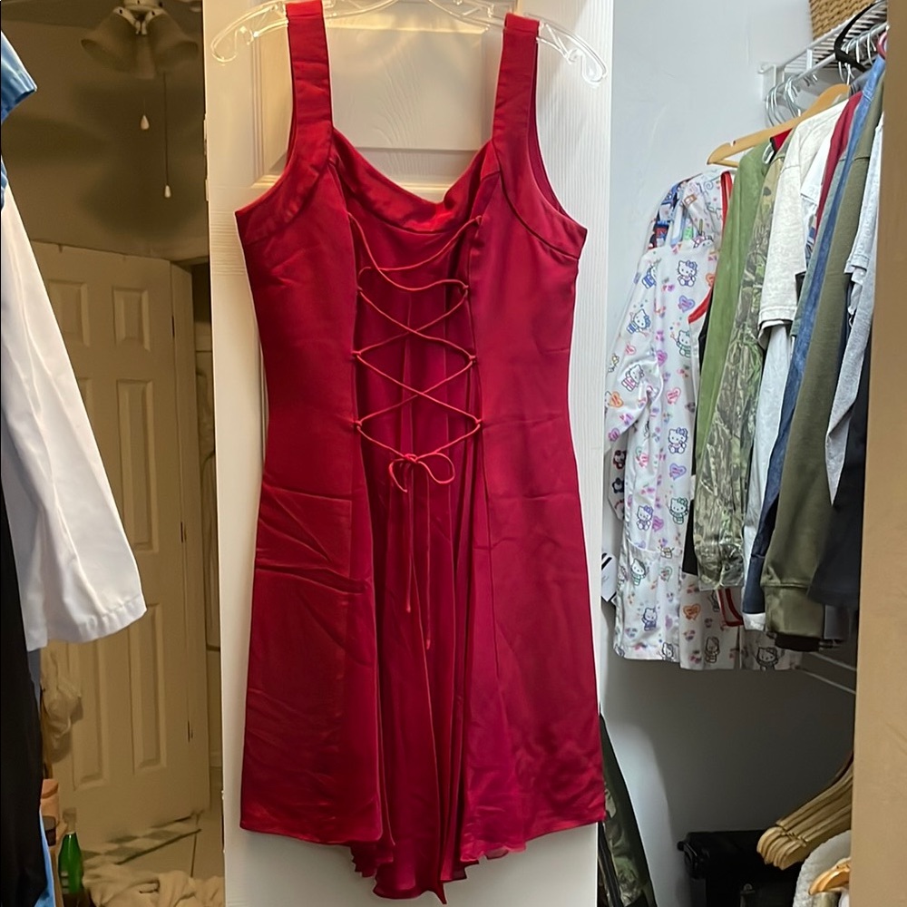 Vintage Morton Myles Saks Fifth Avenue Red Silk Lace-Up Corset Front Dress